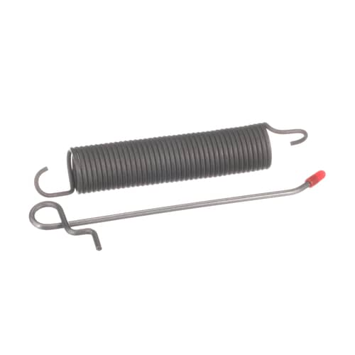 Diagram or photo showing the black tension spring connected to the dishwasher door hinge mechanism (area under the door).