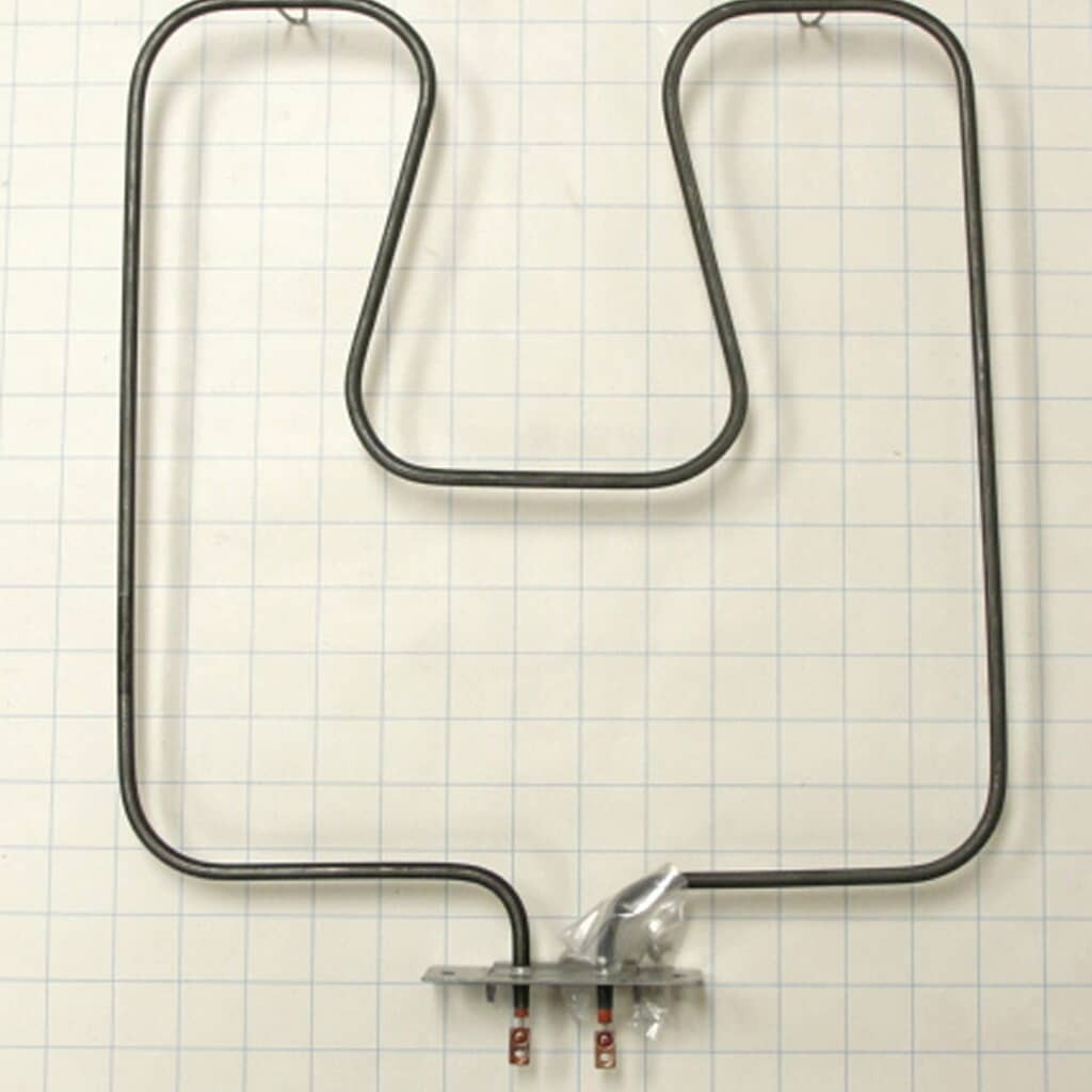 A black appliance bake heating element with a single flat coil pattern.