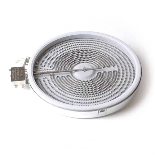 An angled view of a dual-coil surface heating element with visible heating wire.