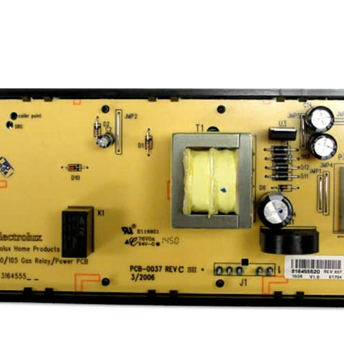 A bottom view of an electronic control board, revealing the printed circuit paths and soldering points.