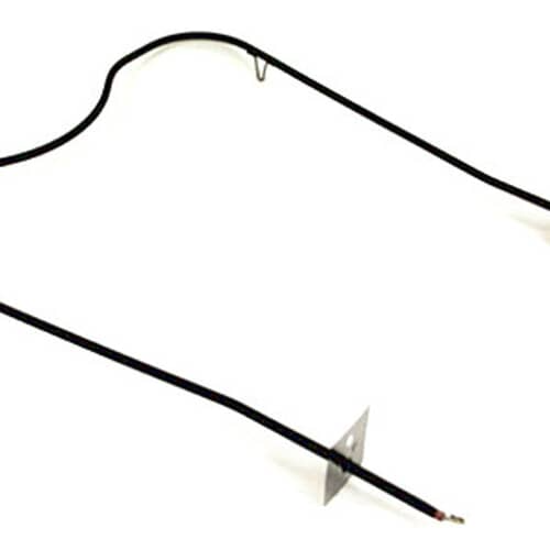 Close-up of the end of a black, tubular heating element showing a small metallic mounting bracket and the exposed wire terminal tip.