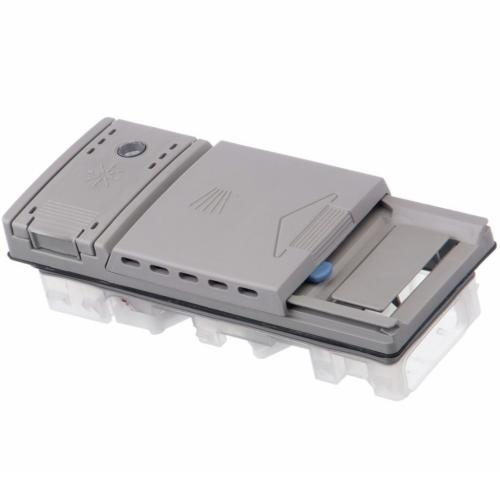 Angled view of the Bosch 00263088 dishwasher dispenser assembly showing the blue solenoid base.