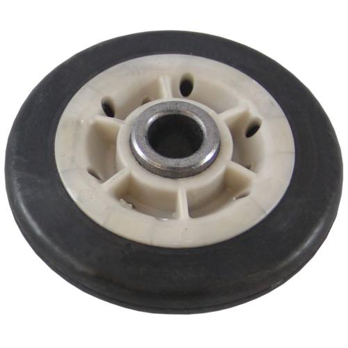 A single Bosch dryer drum roller wheel, featuring a black rubber exterior, a light-colored plastic hub, and a metal bearing, next to a retaining clip against a white background.