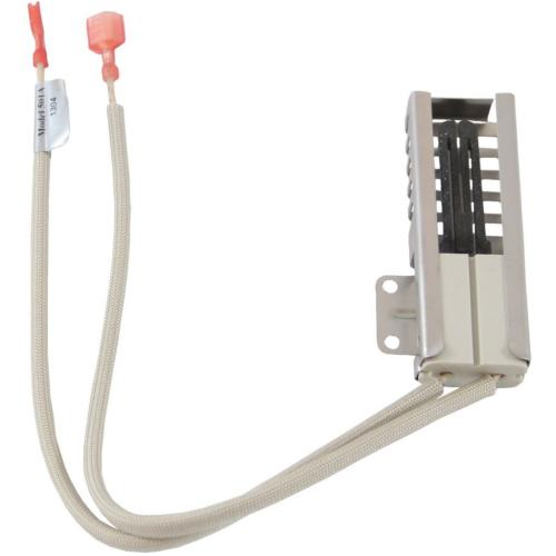 Angled view of the Bosch 00492431 gas oven bake ignitor kit with wire leads and mounting bracket.