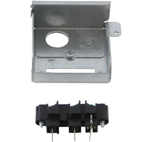 The Bosch 00640476 Terminal Box shown with the protective metal cover on top and the black terminal block assembly separate below.