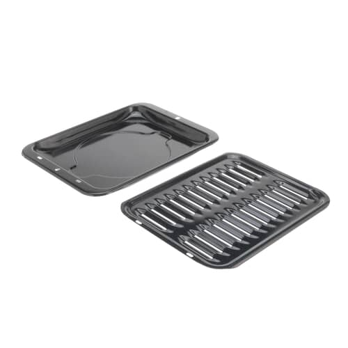 An angled view of a black enamel broiler pan and its matching slotted top rack.