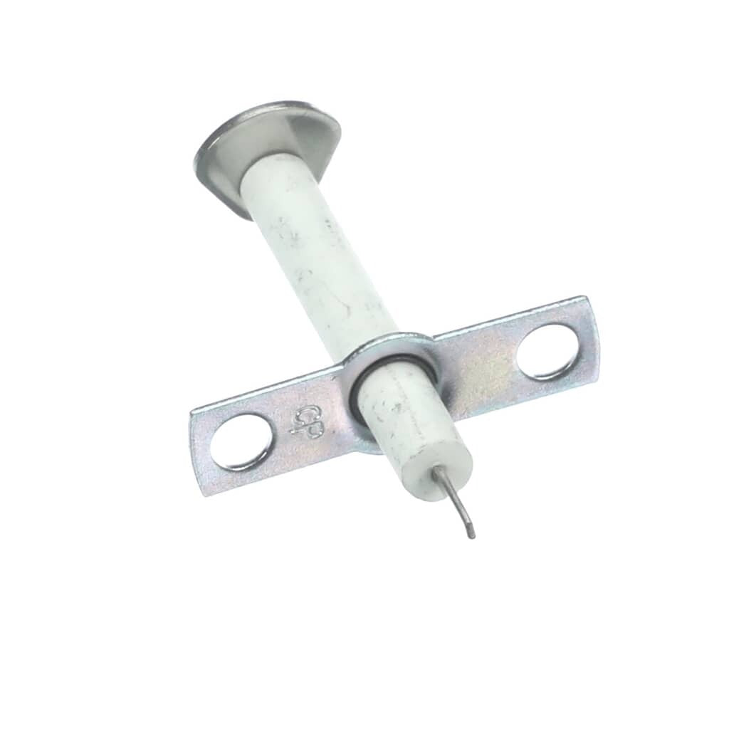 An overhead view of a white ceramic top ignitor with a metal mounting bracket.