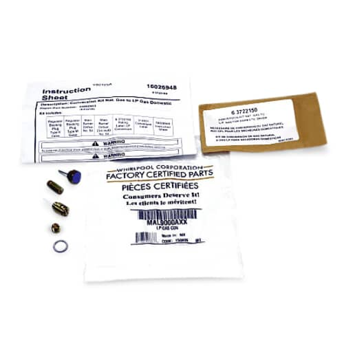 The contents of the kit laid out, including the instruction sheet and the labeled white factory parts bag.