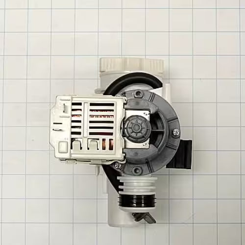 Close-up of Samsung drain pump DC96-01585L mounting and hose connection