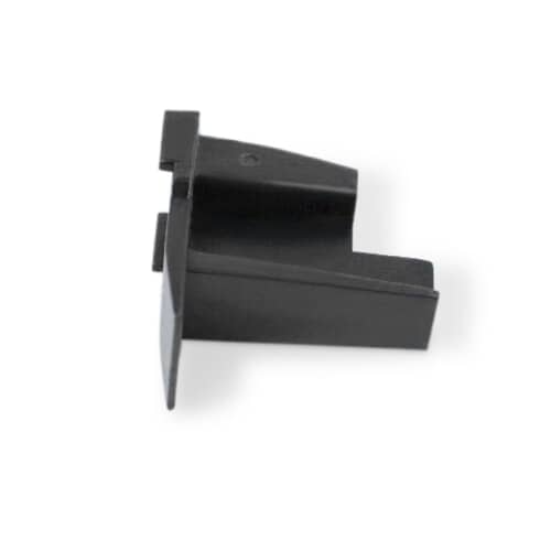 A side profile of a black plastic dishwasher rack track end cap, showing its L-shape.