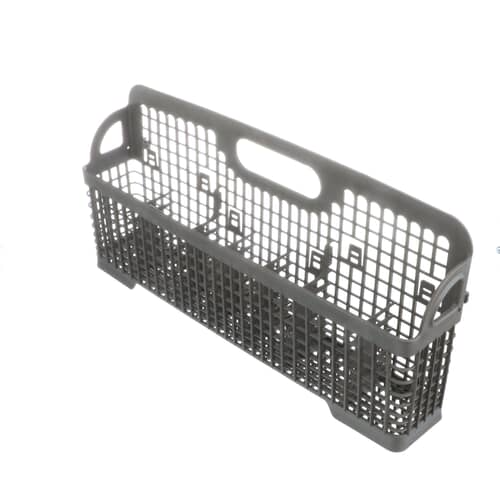 A side-angled view of the gray dishwasher silverware basket, highlighting its full length and the clips for hanging it on a dishrack.