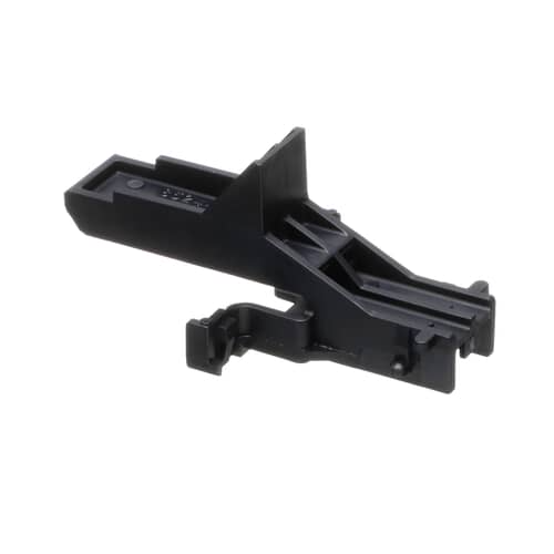 An angled perspective of a black plastic dishwasher upper rack track stop, highlighting the mounting clips and the central guide.
