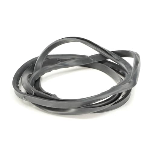 Black rubber door seal coiled on a white background.