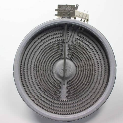 A stove surface heating element with concentric coils and an attached terminal block.