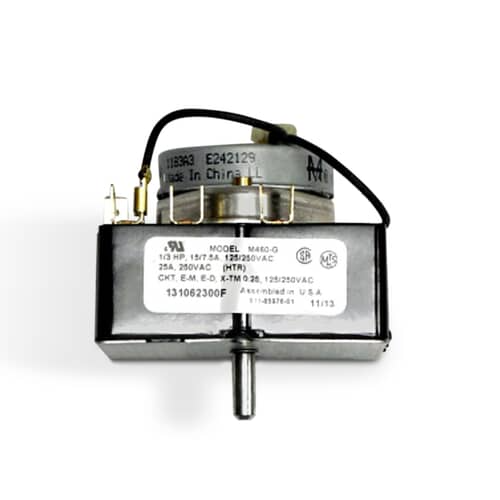 A side profile view of the timer module, showing the label detailing electrical ratings (e.g., 1/3 HP, 25A, 250VAC) and the metal shaft.