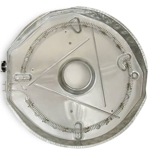 An overhead view of the circular Electrolux heating element assembly showing the coiled wires suspended on a metal plate inside the housing, set against a blue background.