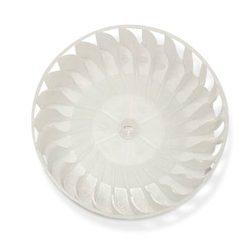 A white version of the centrifugal blower wheel assembly shown against a white grid background, highlighting the mounting hub.