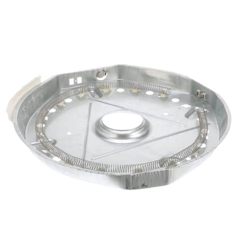 A close-up of the side of the metallic heating housing, showing the electrical connector terminals protruding.