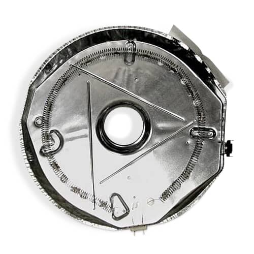 Overhead view of the circular element housing, showing the path of the internal heating coils mounted on a central plate.