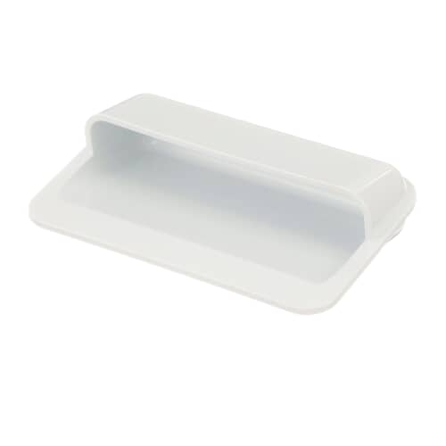 A white plastic appliance door handle shown at an angle against a dark background, displaying the curved pull area.