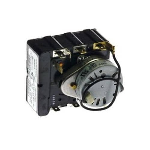 An angled view of the dryer timer assembly showing the black housing, the silver timer motor, and electrical spade terminals.