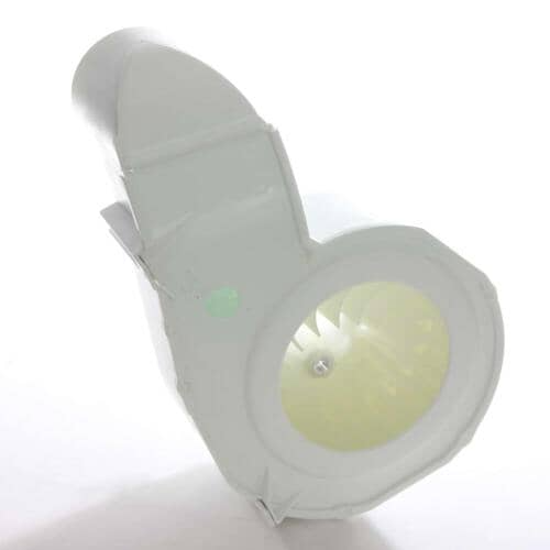 The blower housing assembly viewed from an angle, highlighting the exhaust duct tube extending upward from the main scroll.