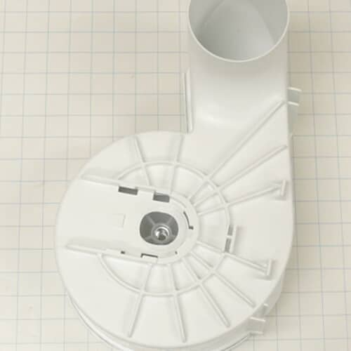 The white plastic blower housing assembly shown with the cover removed, revealing the chamber for the blower wheel on a white grid background.