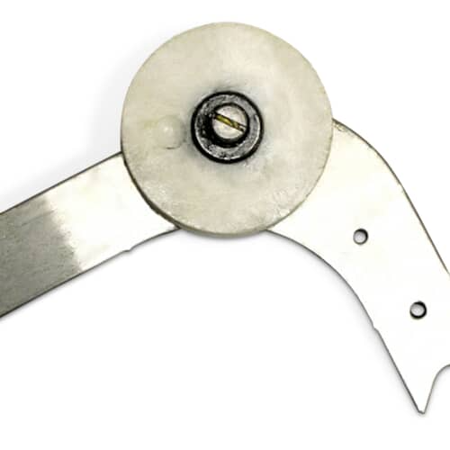 A close-up of the white pulley wheel secured to the curved silver metal arm against a white background.