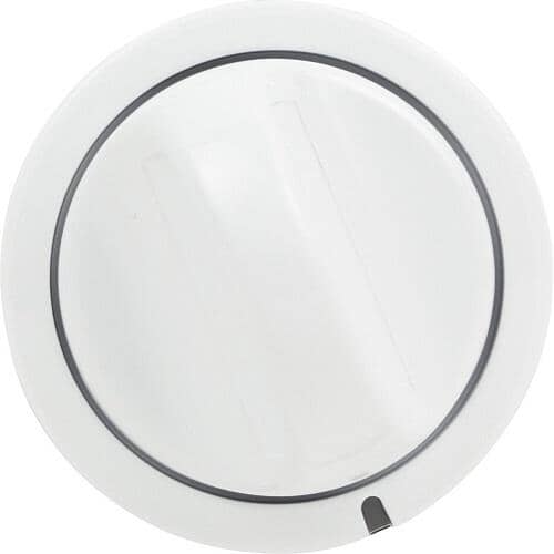 A white circular timer knob with a dark gray ring detail, angled against a white background, showing the indicator pointer.