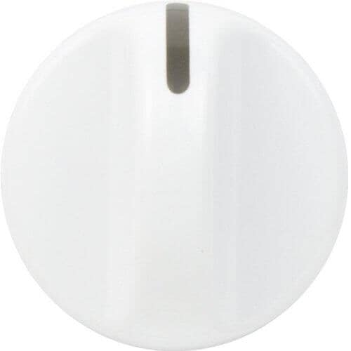A white rotary knob with two vertical grooves and a black indicator line, shown on a white grid background.