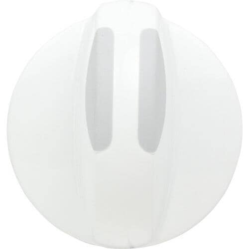 A white circular rotary knob with two recessed vertical slots on the face, shown against a white background.