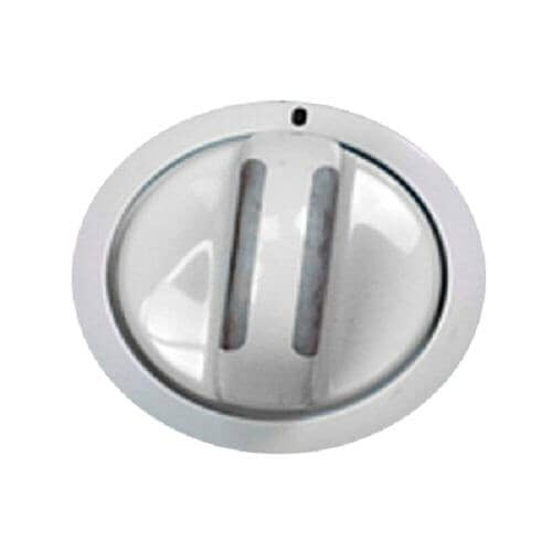A white circular control knob with dark gray indicator lines, shown angled on a dark surface.