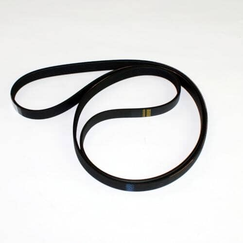 A black, 6-ribbed drive belt looped into a circle against a white background, showing the ribbed side and the smooth side.