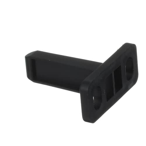 An angled view of the black drawer strike component against a white background, highlighting the extruded shaft section.