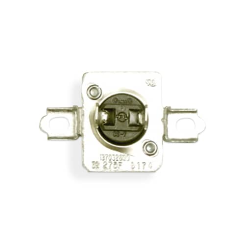 A top-down view of the thermostat component, showing the circular metallic housing against a white grid background with markings visible.