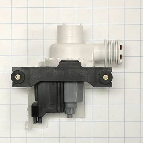 View of the drain pump assembly on a grid, showing the mounting bracket and electrical connections.