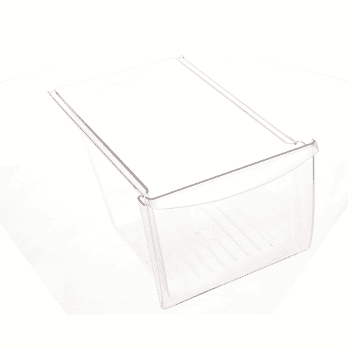 A side/three-quarter view of the clear crisper drawer, highlighting the structural molding and the tapered/sloped front lip.
