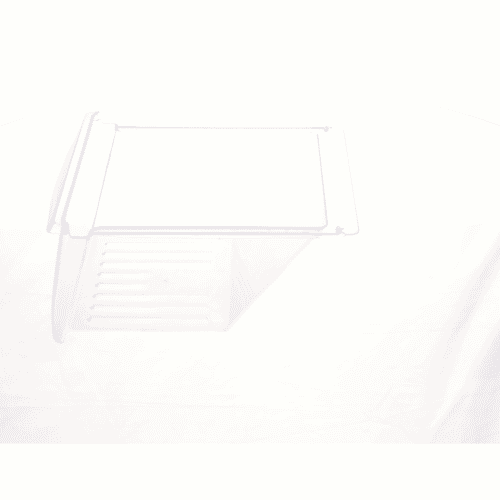 A faint outline view of the crisper drawer, emphasizing its rectangular shape and mounting tabs against a light background.