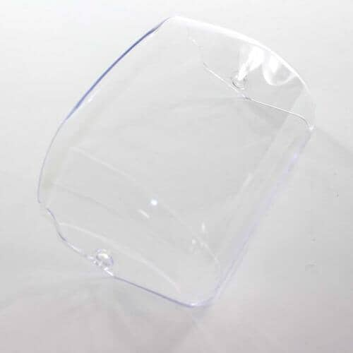 A clear plastic refrigerator door dairy bin shown at an angle against a light background, featuring curved sides and mounting tabs.