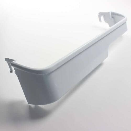 A white plastic refrigerator door bin shown at an angle against a white background, highlighting its depth and mounting hooks.