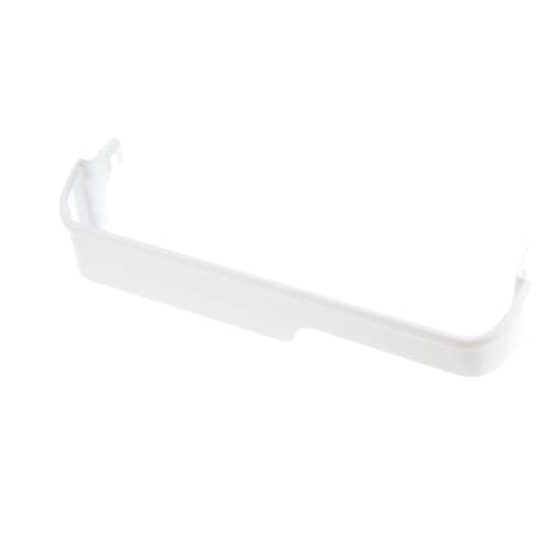 A side view of the refrigerator door storage bin, showing the slightly extended end piece designed for a specific fit.