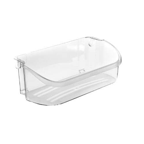 Angled view of the clear gallon door bin, showing the deep well and the snap-in hooks on the upper corners.
