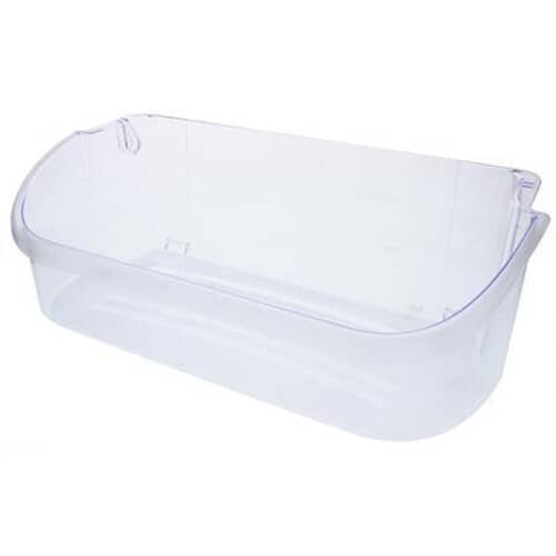 A clear plastic, rectangular refrigerator door bin with a rounded front, designed to hold gallon-sized containers.