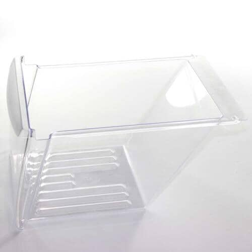 A clear plastic rectangular crisper drawer for a refrigerator, shown at an angle with horizontal ridges molded into the bottom surface.