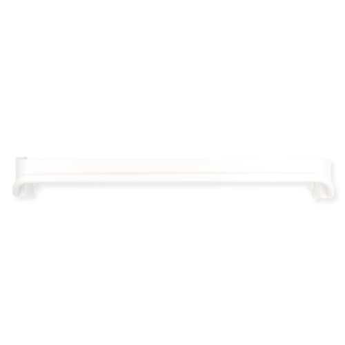A straight-on view of the white door rack support rail against a white background, showing its long, slightly curved shape.