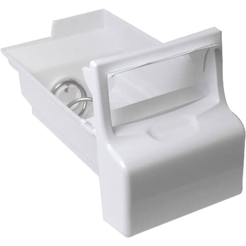 The white plastic refrigerator ice container assembly shown at an angle, revealing the ejector mechanism and the metal bail arm.