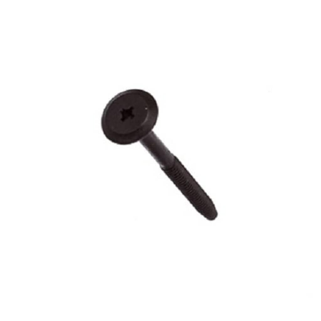Angled view of Electrolux 316001009 screw with wafer head and square drive, black finish.
