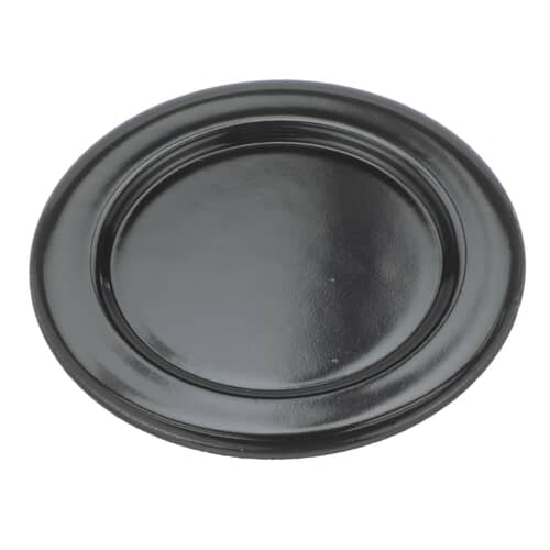 Angled view of the small black burner cap with the smooth glossy finish.