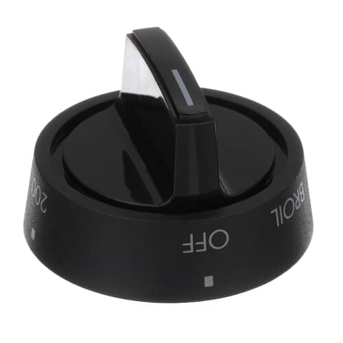Angled view of the black Electrolux 316102300 oven thermostat control knob.