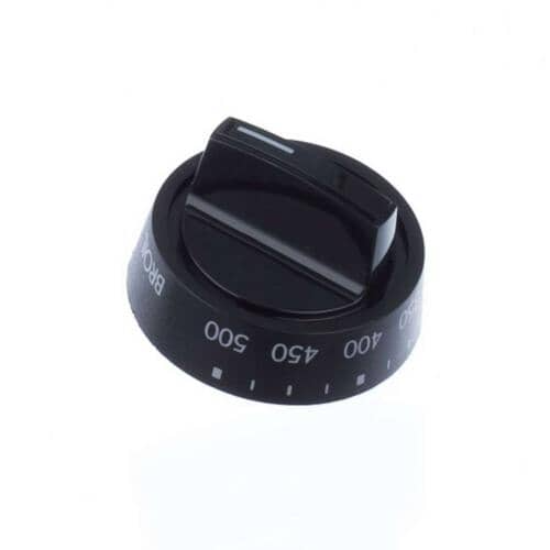 Side view of the black oven temperature knob 316102300 with numbered and text markings.